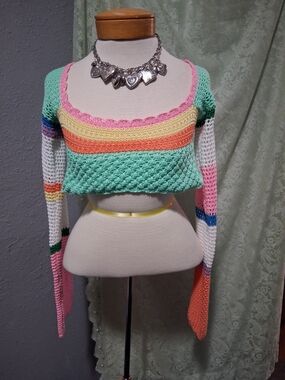 Pastel Multi-Striped Off-the-Shoulder Crochet Sweater Top